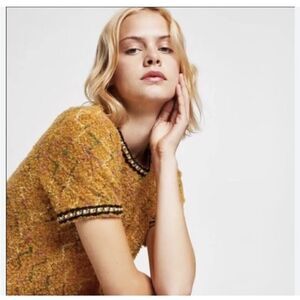 Zara Mustard Yellow Plaid Tweed Wool Blend Embellished Short Sleeve Top Sz 4 NWT